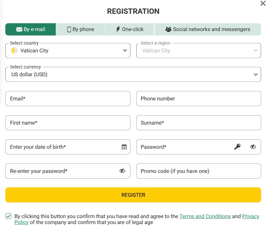 BETWINNER registration form: one-click, by phone, by e-mail or social networks